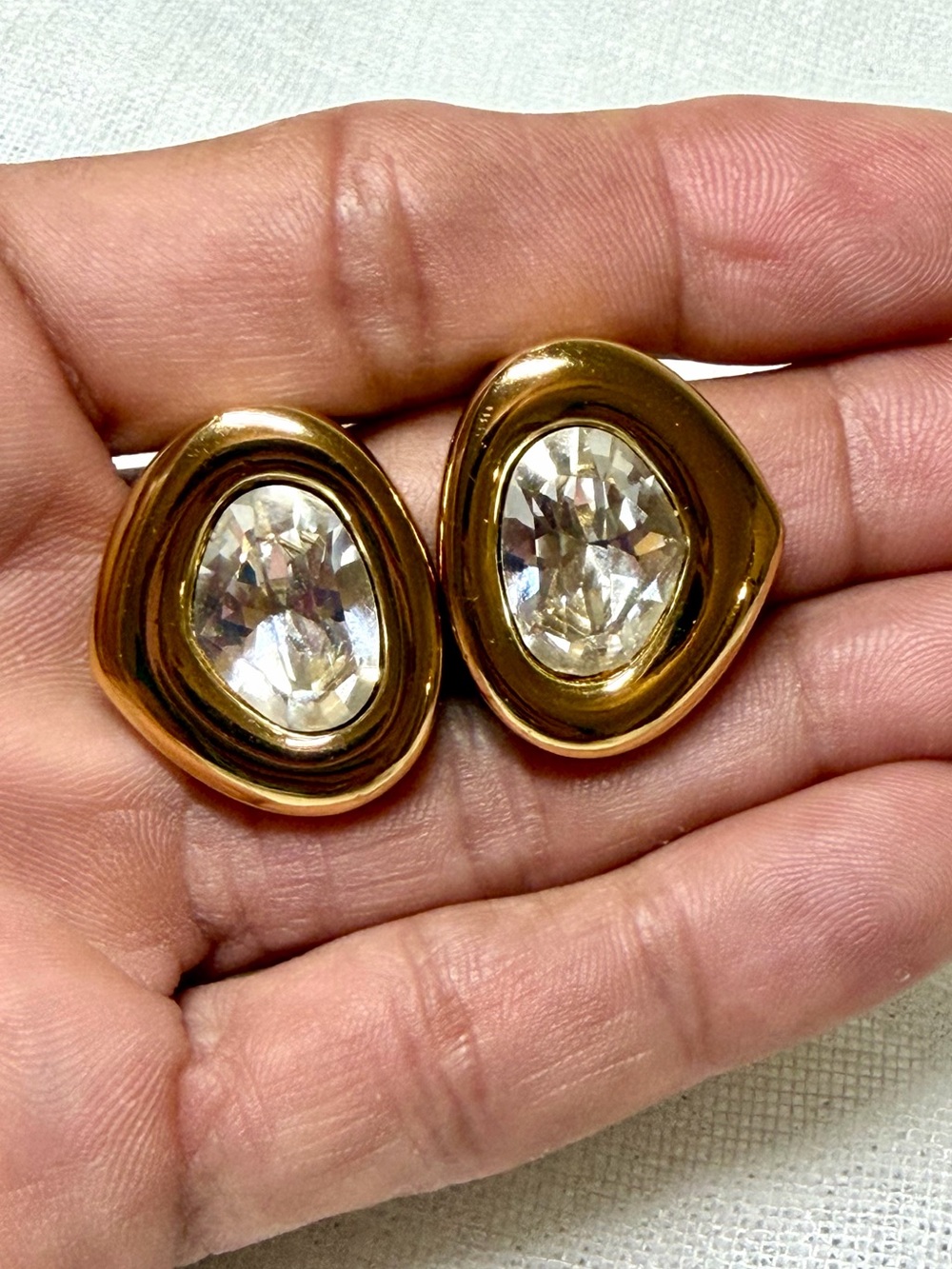 VTG Christian Dior 1980s Organic Chunky Gold Crystal Statement Clip On Earrings